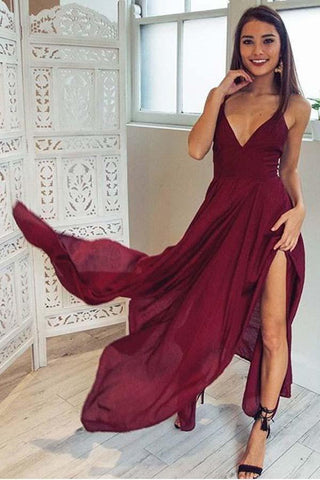 Robe de soirée bordeaux à bretelles et col en V, coupe asymétrique, modèle PD310