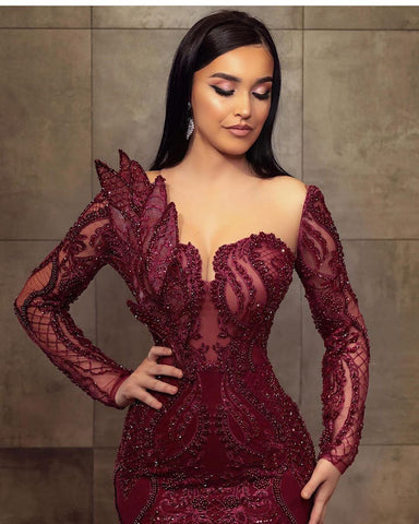 Stunning Burgundy Long Mermaid Sweetheart Lace Tulle Formal Evening Dresses