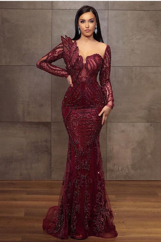 Stunning Burgundy Long Mermaid Sweetheart Lace Tulle Formal Evening Dresses