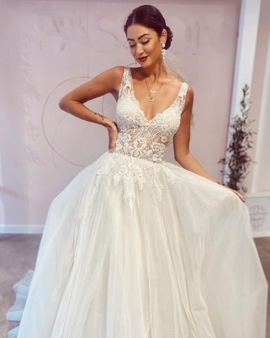 Stunning Long A-Line V-neck Backless Wedding Dress With Appliques Lace
