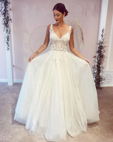 Stunning Long A-Line V-neck Backless Wedding Dress With Appliques Lace