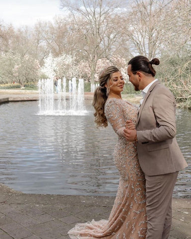 Stunning Long Mermaid V-neck Lace Front Slit Wedding Dress with Sleeves