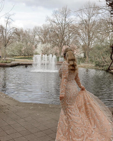 Stunning Long Mermaid V-neck Lace Front Slit Wedding Dress with Sleeves