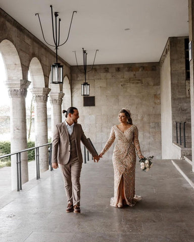 Stunning Long Mermaid V-neck Lace Front Slit Wedding Dress with Sleeves