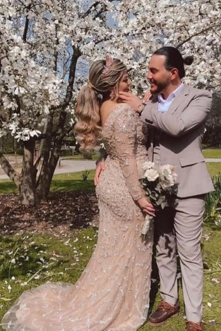 Stunning Long Mermaid V-neck Lace Front Slit Wedding Dress with Sleeves