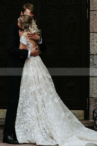 Stunning Off-the-ShoulderFloral Lace Bridal Gown Princess Wedding Dress