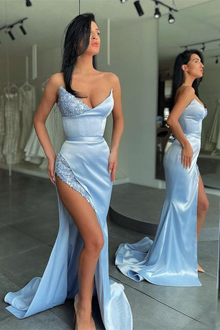 Stunning Sky blue High-split sequined Prom Dress Stapless