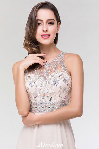 Stylish A-Line Chiffon Tulle Scoop Sleeveless Floor-Length Bridesmaid Dress with Beadings