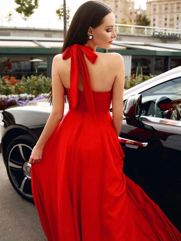 Stylish A-line Halter Red Long Prom Formal Dresses with Pockets
