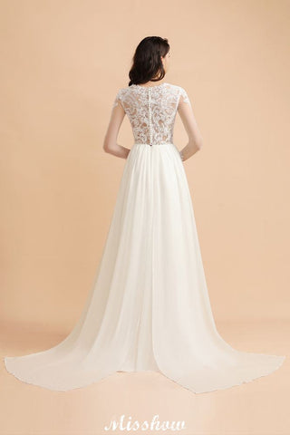 Stylish Crew Neck Lace Appliques Wedding Dress Long Sleeve Chiffon Simple Bridal Gown