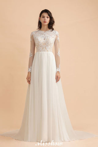 Stylish Crew Neck Lace Appliques Wedding Dress Long Sleeve Chiffon Simple Bridal Gown