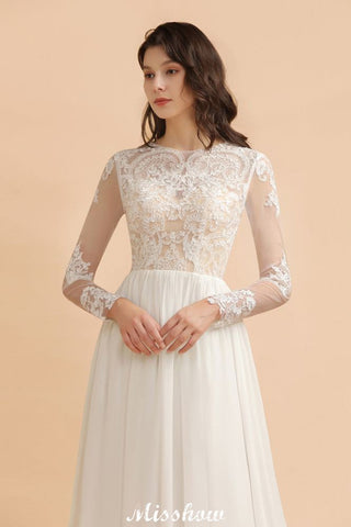 Stylish Crew Neck Lace Appliques Wedding Dress Long Sleeve Chiffon Simple Bridal Gown