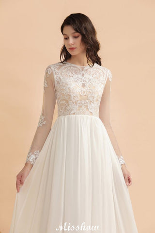 Stylish Crew Neck Lace Appliques Wedding Dress Long Sleeve Chiffon Simple Bridal Gown