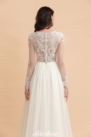 Stylish Crew Neck Lace Appliques Wedding Dress Long Sleeve Chiffon Simple Bridal Gown