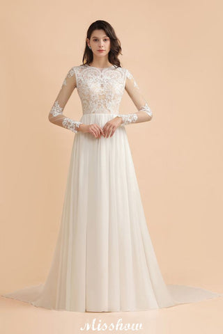 Stylish Crew Neck Lace Appliques Wedding Dress Long Sleeve Chiffon Simple Bridal Gown