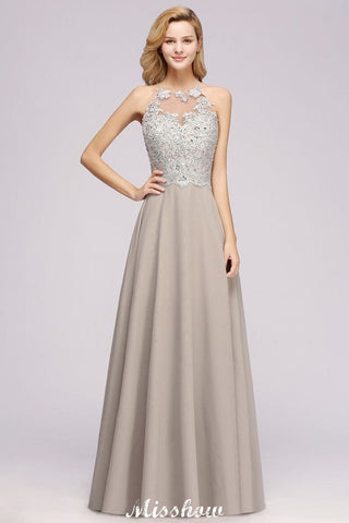 Stylish Floral Appliques Sleeveless Evening Party Gown Aline Silver Chiffon Long Bridesmaid Dress