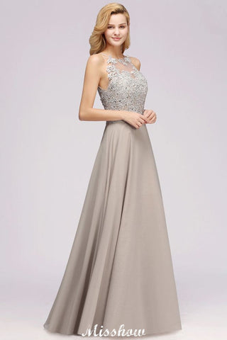 Stylish Floral Appliques Sleeveless Evening Party Gown Aline Silver Chiffon Long Bridesmaid Dress