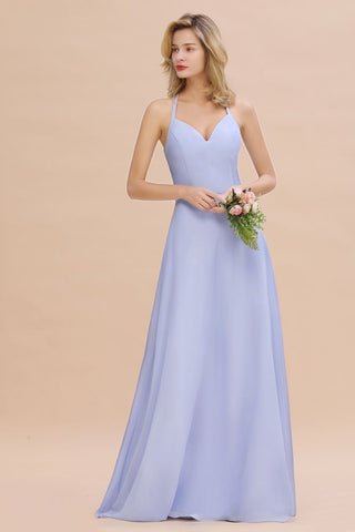Stylish Halter V-Neck Sleeveless Floor-Length A-Line Bridesmaid Dress