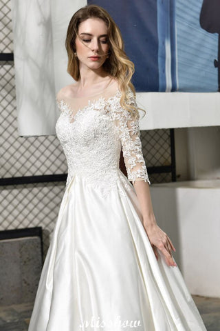 Stylish Lace Appliques Half Sleeves Aline Wedding Dress Floor Length Satin Dress for Bride