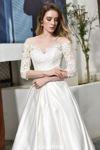 Stylish Lace Appliques Half Sleeves Aline Wedding Dress Floor Length Satin Dress for Bride