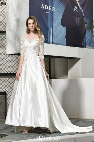 Stylish Lace Appliques Half Sleeves Aline Wedding Dress Floor Length Satin Dress for Bride
