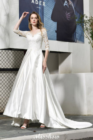 Stylish Lace Appliques Half Sleeves Aline Wedding Dress Floor Length Satin Dress for Bride