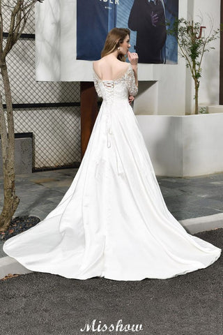 Stylish Lace Appliques Half Sleeves Aline Wedding Dress Floor Length Satin Dress for Bride