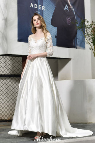 Stylish Lace Appliques Half Sleeves Aline Wedding Dress Floor Length Satin Dress for Bride