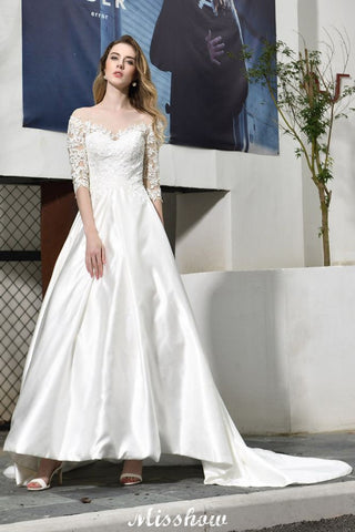 Stylish Lace Appliques Half Sleeves Aline Wedding Dress Floor Length Satin Dress for Bride