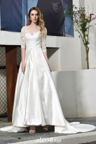 Stylish Lace Appliques Half Sleeves Aline Wedding Dress Floor Length Satin Dress for Bride
