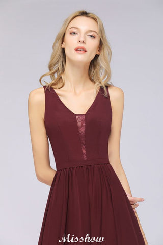 Stylish V-Neck aline Evening Maxi Gown Chiffon Sleeveless Bridesmaid Dress Burgundy