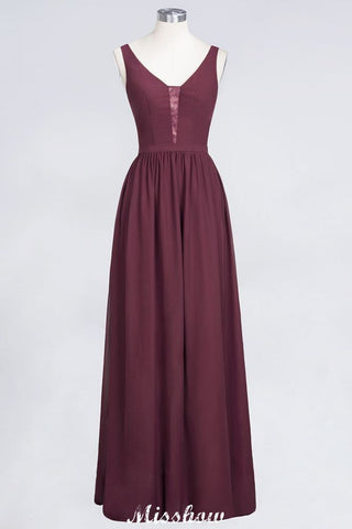 Stylish V-Neck aline Evening Maxi Gown Chiffon Sleeveless Bridesmaid Dress Burgundy