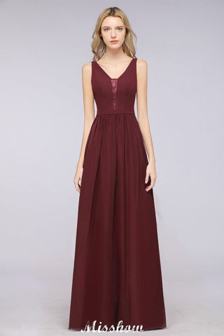 Stylish V-Neck aline Evening Maxi Gown Chiffon Sleeveless Bridesmaid Dress Burgundy