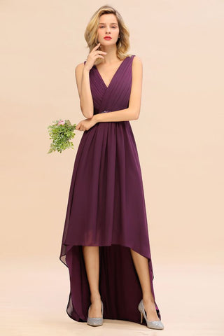 Stylish V-Neck Hi-Lo Party Dress A-line Beads Chiffon Bridesmaid Dress