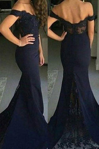 Charming Navy Off shoulder Lace Court Train Mermaid Bridesmaid Dress