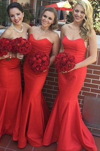 Red Satin Sweetheart Mermaid Bridesmaid Dresses, Stunning Wedding Party Dress