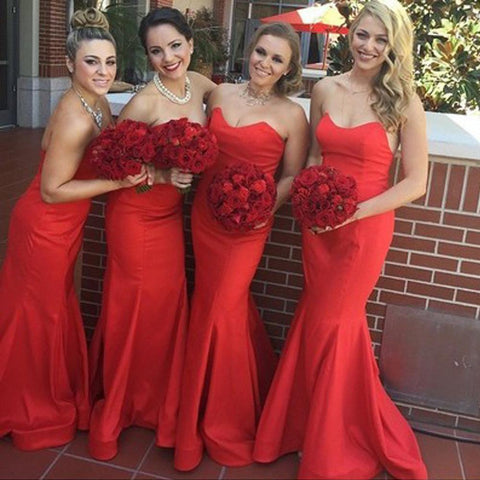 Red Satin Sweetheart Mermaid Bridesmaid Dresses, Stunning Wedding Party Dress