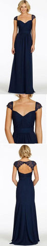 Navy Blue Cap Sleeve Chiffon Lace Backless Sweetheart Bridesmaid Dresses