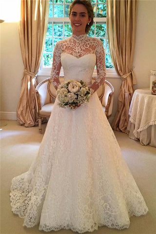 High Neckline Lace A line Long Sleeve Open Back Wedding Dress, Bridal Dresses