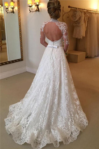 High Neckline Lace A line Long Sleeve Open Back Wedding Dress, Bridal Dresses