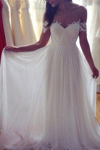 Sweep Train Chiffon Sleeveless Applique Lace Off-the-Shoulder Wedding Dress