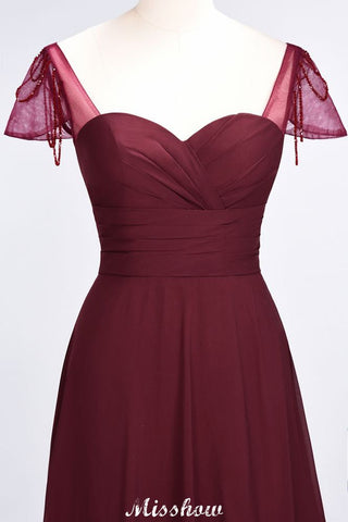 Sweetheart Cap-Sleeves Ruffle Floor-Length Bridesmaid Dress with Beadings Moher if the Bride Dresses