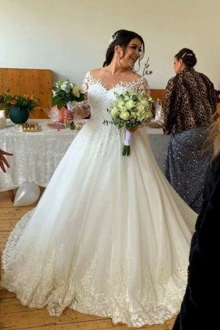 Sweetheart Long-Sleeve A-Line Tulle Wedding Dresses with Lace