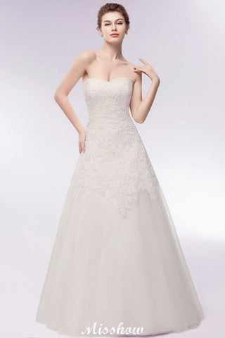 Sweetheart Strapless A-line Long Lace Tulle Wedding Dresses