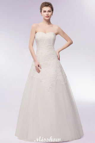 Sweetheart Strapless A-line Long Lace Tulle Wedding Dresses
