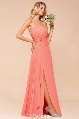 Sweetheart Strapless Ruffle Bridesmaid Dress Chiffon Long Maid of Honor Dress