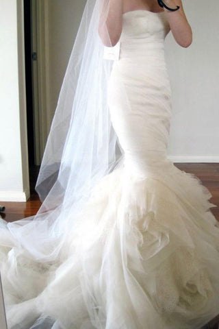 Sweetheart Sweep Train Tiered Mermaid  Ivory Wedding Dress Ruched WD162