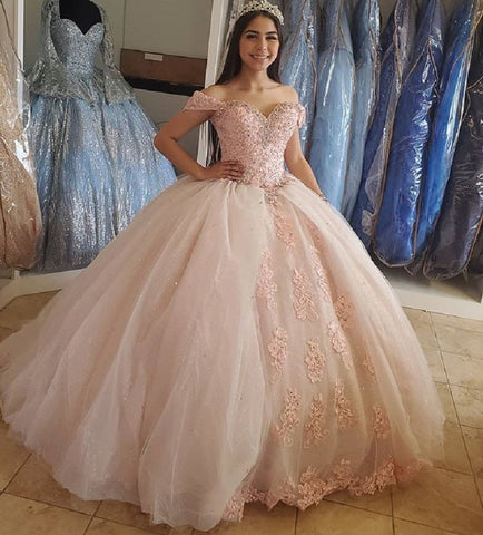 Vestido de quinceañera rosa rubor, estilo bob, con hombros descubiertos, adornado con cuentas y cristales, de tul rosa claro, estilo princesa, modelo S27021