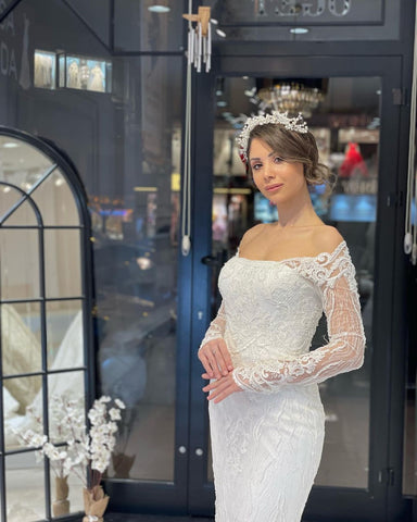 Robe de mariée sirène tendance en dentelle, longue jusqu'au sol et manches longues, à manches longues.