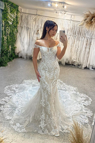 Vestido de novia de sirena sin mangas, de encaje, con hombros descubiertos y cola catedral, de moda hasta el suelo.